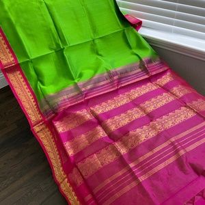 Parrot green silk cotton sari with fuchsia border